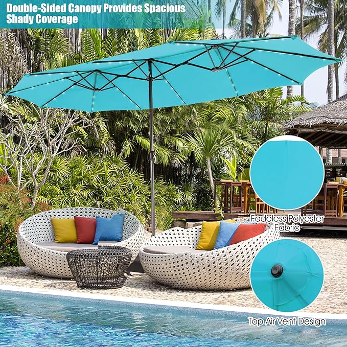 Giantex Large Outdoor Umbrella Double-Sided, 48 Solar Lights, Auto-Charging Solar Panel, Extra Large Patio Umbrella with Base and Crank, Outdoor Market Umbrellas for Poolside Garden