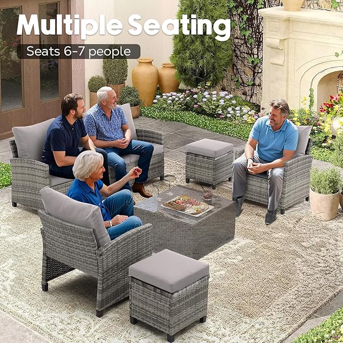 FHFO 5 Pieces Outdoor Patio Furniture Set, Wicker Sectional Sofa Patio Conversation Set Couch with Ottomans Rattan Chair and Table for Garden, Yard,Grey-Grey