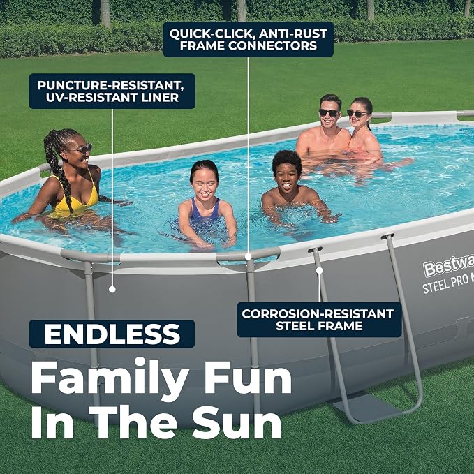 Bestway Steel Pro MAX 16' x 10' x 42" Above Ground Pool, Oval Metal Frame Outdoor Swimming Pool Set with Filter Pump, Ladder, and Cover, Gray