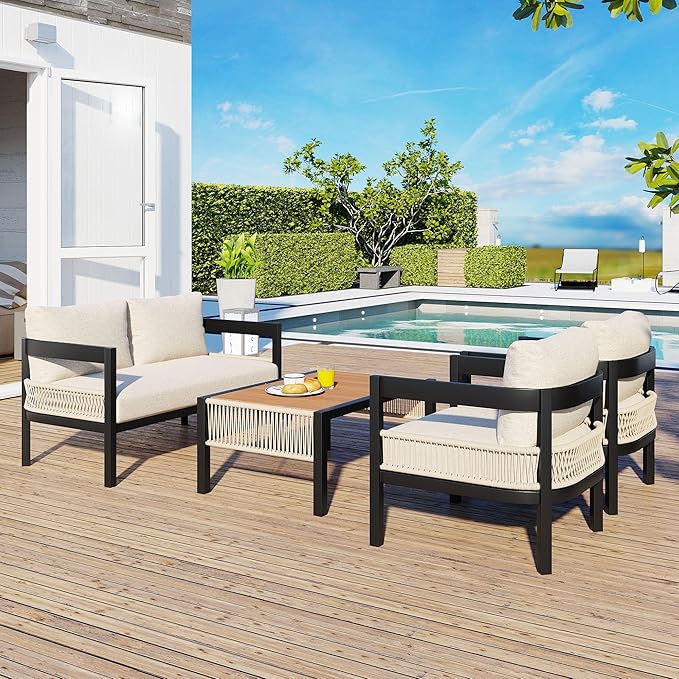 4 Piece Outdoor Iron Sofa Set with A Table, PE Rattan Patio Furniture Sets with Double and 2 Single Seats, Multi-Person Conversation Set for Garden, Lawn Use (Beige/92)