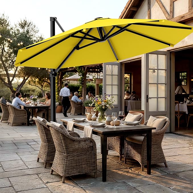 AreShark 11FT Round Cantilever Patio Umbrella with Base Included, 360° Rotation Offset Outdoor Umbrella, 5 Tilt Settings Heavy Duty Hanging Parasol for Deck Garden Pool, Yellow
