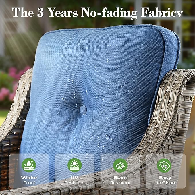 ovios 4 Piece Outdoor Patio Furniture with 3 Seat Sofa,Rattan Wicker Coversation Set with High Back,Sectional Single Sofa with Ottoman for Outside Porch Balcony Backyard Pool, Blue