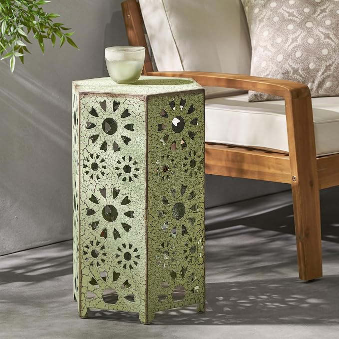 Merax Iron Patio Side Table with Sunburst Cut Out Design 14"x22" Outdoor End Table Hexahedron Accent Table (Green)