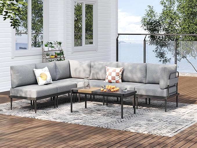 Metal Patio Furniture Set, 7 Pieces Outdoor Sectional Couch Sets with Coffee Table & Washable Thick Cushion, Outdoor Corner Sofa Set for Deck, Patio, Backyard (Gray)