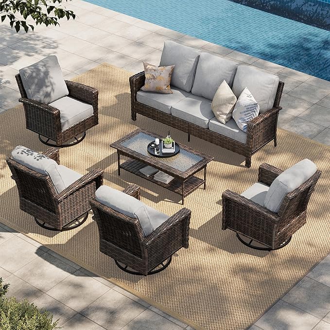 HERA'S HOUSE Patio Furniture Set with High Back Swivel Chairs, Comfy Outdoor Wicker Conversation Sofa Sets with 5.5" Thick Cushions for Deck Lawn Backyard, Gray