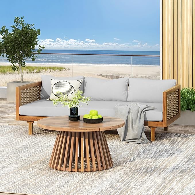 Merax Outdoor Acacia Wood Conversation Set - Patio 3-Seat Loveseat Sofa w/Coushion and Round Coffee Table for Backyard, Lawn, Balcony, Teak+Light Gray/Light Teak