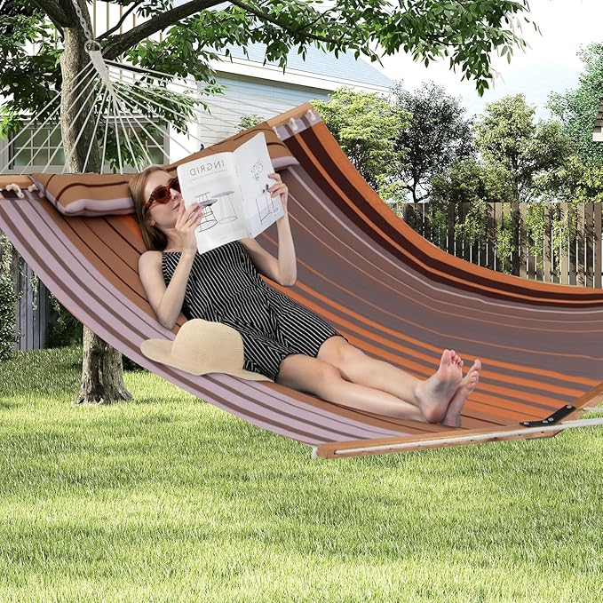 Giantex Hammock Swing Camping Hammock for Stand with Spreader Bar, Detachable Pillow, Hand Woven Cotton Ropes, Outdoor Hammocks for Patio, Backyard, Poolside(Hammock Without Stand) (Coffee)