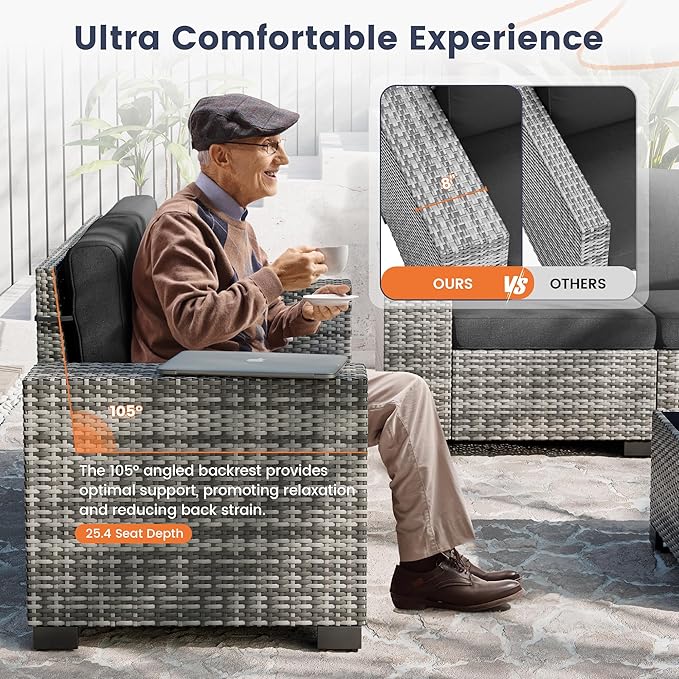 UDPATIO Patio Sectional Sofa with Fire Pit Table, 8 Inch Armrest 7-Piece Wicker Conversation with Waterproof Cover for Backyard Deck, Grey/Black