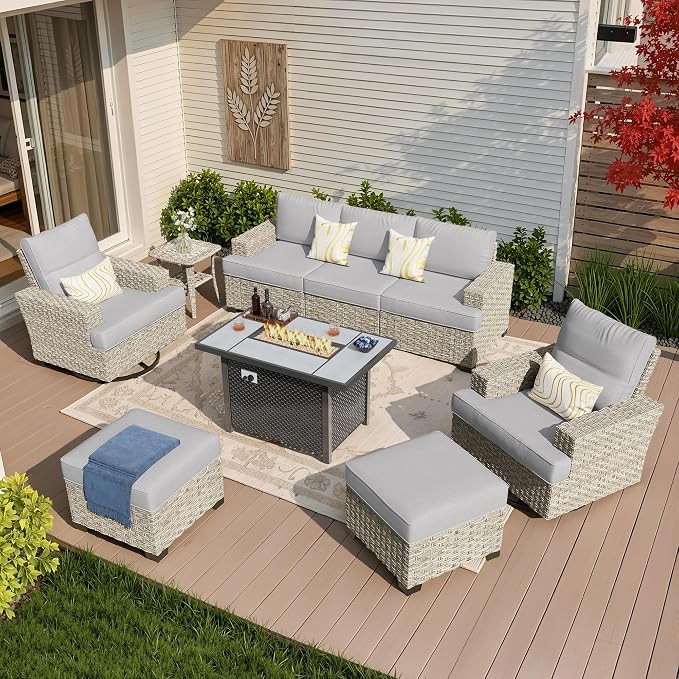 Weaxty 9 Pieces Wide Seats Outdoor Furniture Set, Sectional Couch Swivel Rocking Chair Ottoman Fire Pit Table, Thick Cushion All-Weather Rattan Patio Conversation Sets for Backyard Deck, Grey