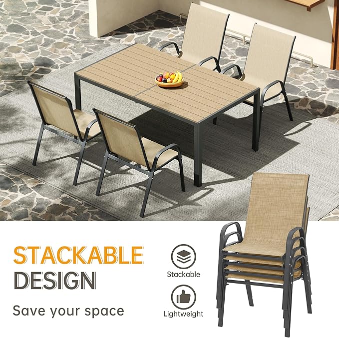 PIZZELLO 5-Piece Outdoor Dining Set Patio Dining Set for 4 Outdoor Table and Chairs All Weather Outdoor Patio Set w/Stackable Patio Chairs and HDPE Table for Backyard, Garden and Poolside, Khaki