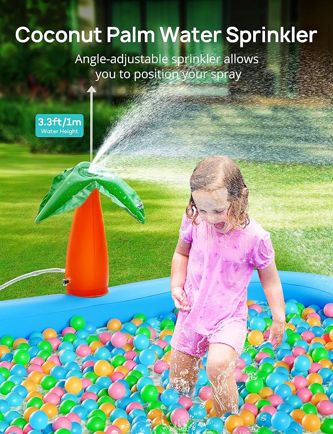 Kiddie Pool with Slide Inflatable Play Center Wading Lounge, Coconut Palm Sprinkler, Water Game Play Center, 95''x75''x40''
