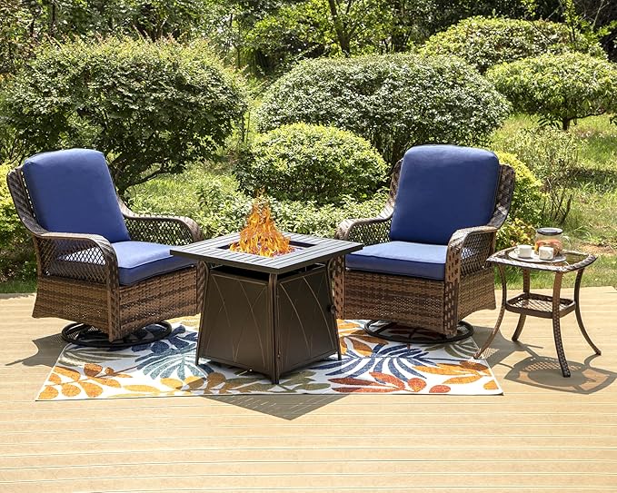 PHI VILLA 4 Piece Outdoor Swivel Rocker Chairs Patio Furniture Set with Gas Fire Pit Table Square, Wicker Patio Conversation Fire Pit Table Set for Garden, Deck, Porch, Backyard (Navy Blue)