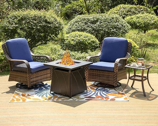 PHI VILLA 4 Piece Outdoor Swivel Rocker Chairs Patio Furniture Set with Gas Fire Pit Table Square, Wicker Patio Conversation Fire Pit Table Set for Garden, Deck, Porch, Backyard (Navy Blue)