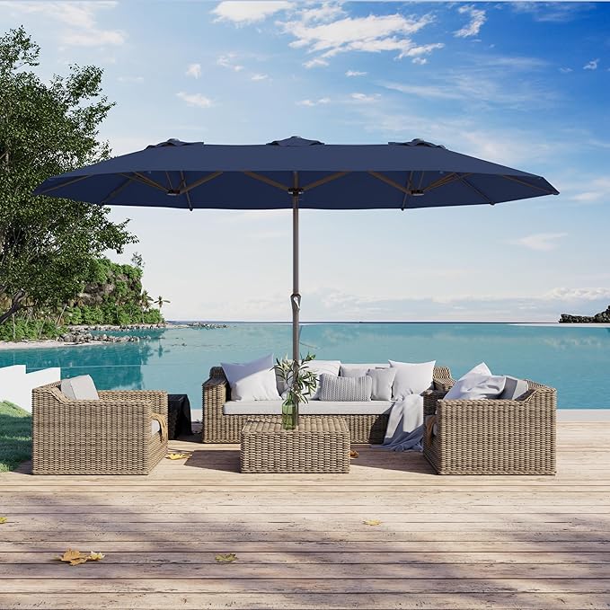 PatioKingdom 15FT Large Patio Umbrella with Base, Double Sided Rectangular Outdoor Umbrella with Sturdy Fiberglass Ribs, Market Umbrella for Pool,Garden,Backyard,Deck (Navy, 15FT)