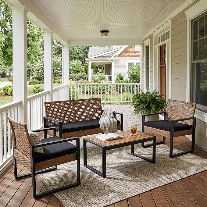 Outdoor Patio Furniture Set, 4 Piece Rattan Chairs with Coffe Table for Backyard, Balcony, Deck, Front Porch, Patio Conversation Seating Sets for Outside, Juego Muebles de Exterior(Light Brown)