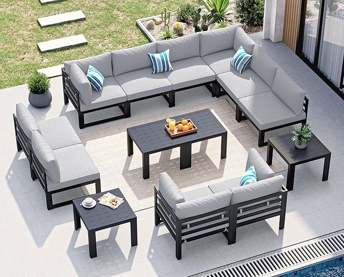 NICESOUL 14 Piece Modern Aluminum Outdoor Patio Furniture Set with Coffee Table, Extra Large L Shaped Modular Sectional Couch, 29" Wide Deep Seating Conversation Sofa for Terrace Exterior, Light Gray