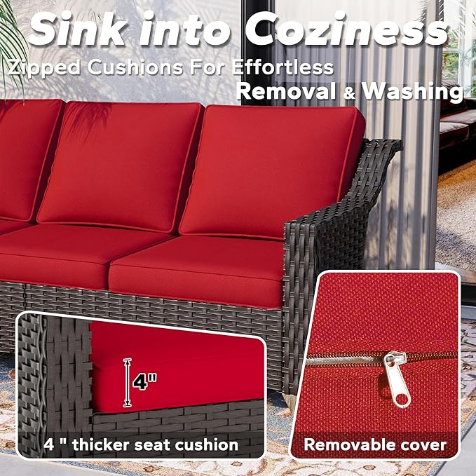 6 Pieces Patio Conversation Furniture Set - 1 Sofa, 2 Swivel Chairs, 2 Armchairs, 1 Side Table, Outdoor Wicker Furniture with Removable Cushions for Porch, Balcony, Sunroom (Red)