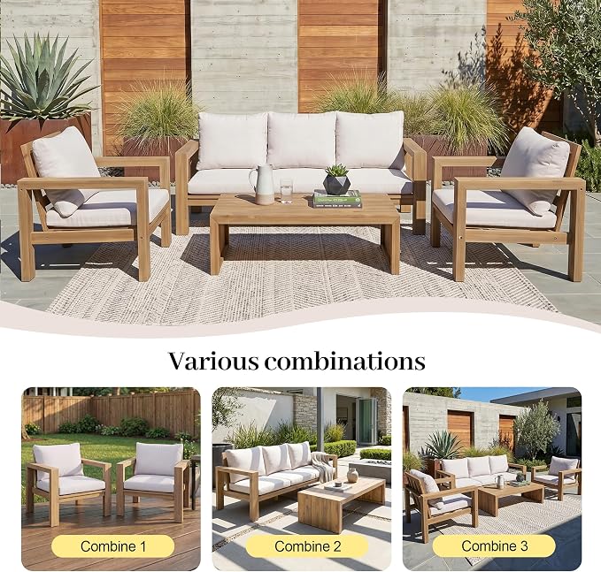 4 Pieces Patio Sofa Set Outdoor Seating Group 5-Person Sofa Set Outdoor Conversation Set with Cushions and a Coffee Table for Garden, Backyard,Balcony,Poolside (Light Teak#50)