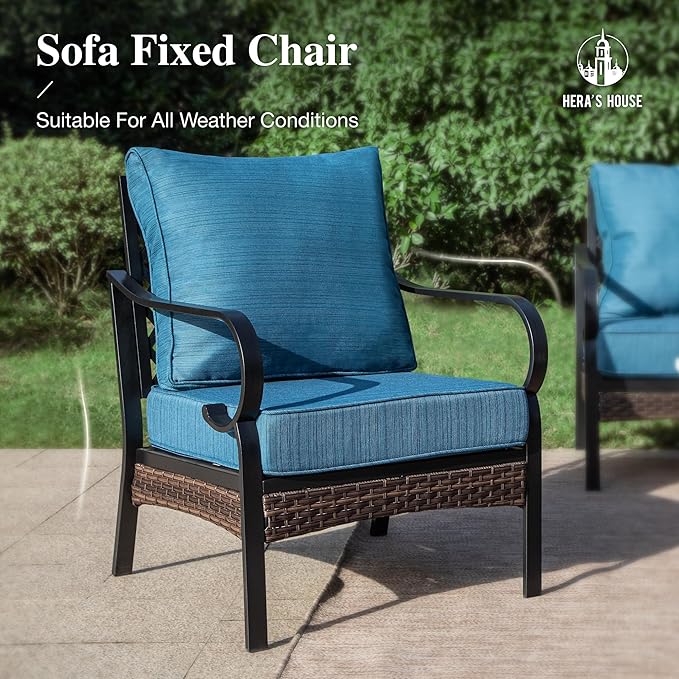 HERA'S HOUSE 5 Piece Metal Patio Furniture set with 56" Fire Pit Table, All Weather Outdoor Conversation Set, 3 Seat Sofa with Loveseat, 2 Fixed Chair, Seats 7 for Backyard, Garden, Deck, Pacific Blue