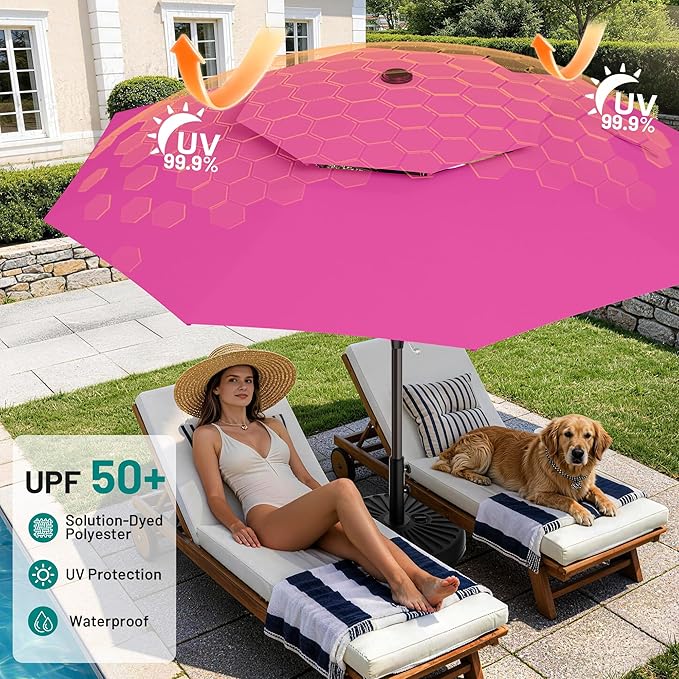 AreShark 11ft 2 Tiers Patio Umbrella - Outdoor Umbrella Waterproof UV Protection, Market Table Umbrella w/ 8 Sturdy Ribs&Crank for Pool, Porch, Garden(Rose Pink)