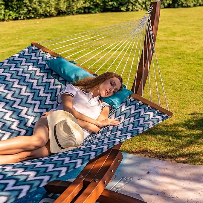 Lazy Daze Hammocks 12 FT Quilted Fabric Double Hammock with Spreader Bars and Detachable Pillow, 2 Person Hammock for Outdoor Patio Backyard Poolside, 450 LBS Weight Capacity, White & Blue Chevron