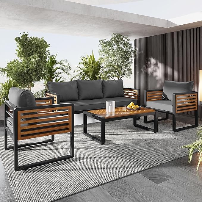 LUMISOL 4 Pieces Patio Furniture Set, Outdoor Sofa Set with Metal Frame and Removable Cushions, Patio Conversation Set for 5 Persons, Thick Cushions, Acacia Wood Tabletop, Grey