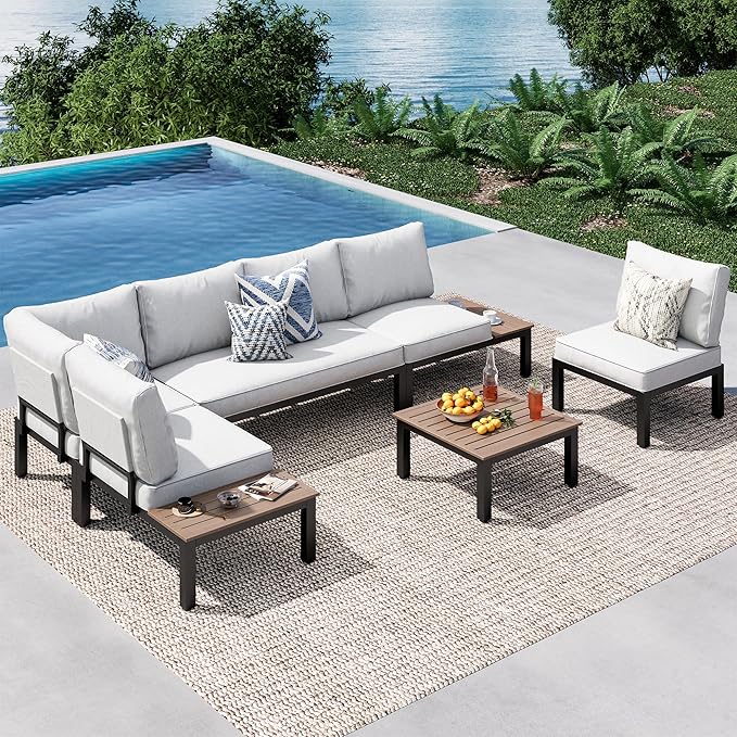 PHI VILLA Outdoor Sectional Furniture Set,6 Pieces Metal Patio Sectional Outdoor Couch Set,Modern Patio Conversation Sets with Coffee Table,Thickened Cushion,for Poolside and Backyard,Light Grey