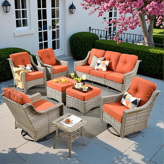 8 PCS Outdoor Patio Furniture Sets,Patio Conversation Sets Outside Rattan Soft Cushion Sofa with 2 Wicker Rocking Chairs Soft Cushion Fit Backyard Porch Garden Poolside Balcony,Orange Red