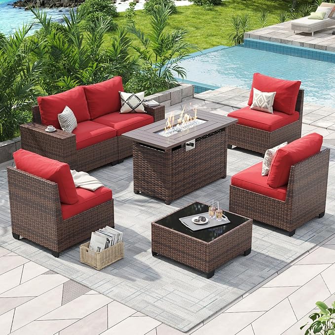 Aoxun Outdoor Furniture with 44'' Fire Pit, 7 Pcs Patio Furniture Set with 4in Thicken Cushion, Widen Armrests Wicker Outdoor Sectional for Backyard (Waterproof Cover Include)
