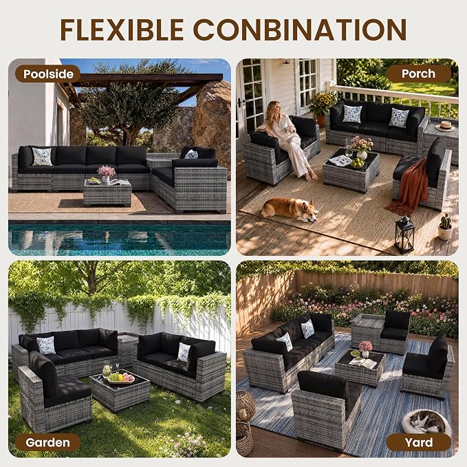 8-Piece Modular Patio Furniture Set with Storage Box Outdoor Sectional Sofa | Patio Conversation Set with Coffee Table, PE Rattan Wicker Couch with Waterproof Cushions for Backyard, Deck & Porch, Black