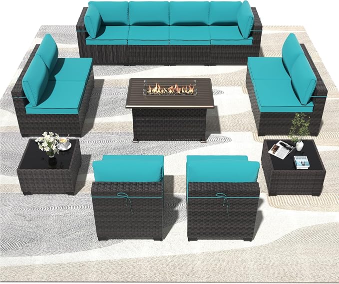 Outdoor Patio Furniture Set with Gas Fire Pit Table, 13 Pieces Outdoor Furniture Set Patio Sectional Sofa w/43in 55000 BTU Propane Fire Pit, PE Wicker Rattan Patio Conversation Sets - Teal
