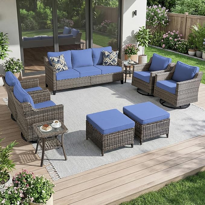 Luxury Patio Furniture sofa Set - 9 Pieces All Weather Wicker Outdoor Couch and High Back Swivel Rocker Patio Chairs with Side table&footstools for Deck Yard and Poolside Gray Wicker | Blue Cushions