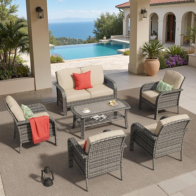 6 PCS Outdoor Patio Furniture Set with Glass Table, All-Weather Rattan Wicker Outdoor Conversation Set with Thickened Cushions for Balcony Backyard Garden Lawn,Beige