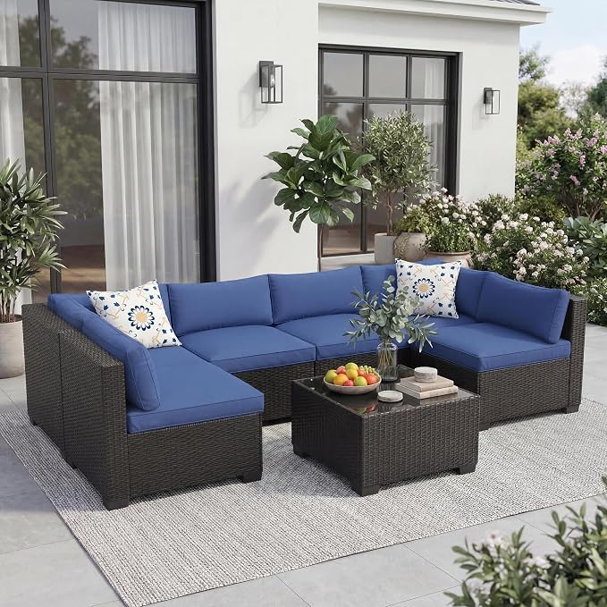 Litake 7 Piece Patio Furniture Sets, Iron Frame with Gradient Wicker, Soft Cushions, Modular Outdoor Conversation Furniture for Garden, Backyard & Patio