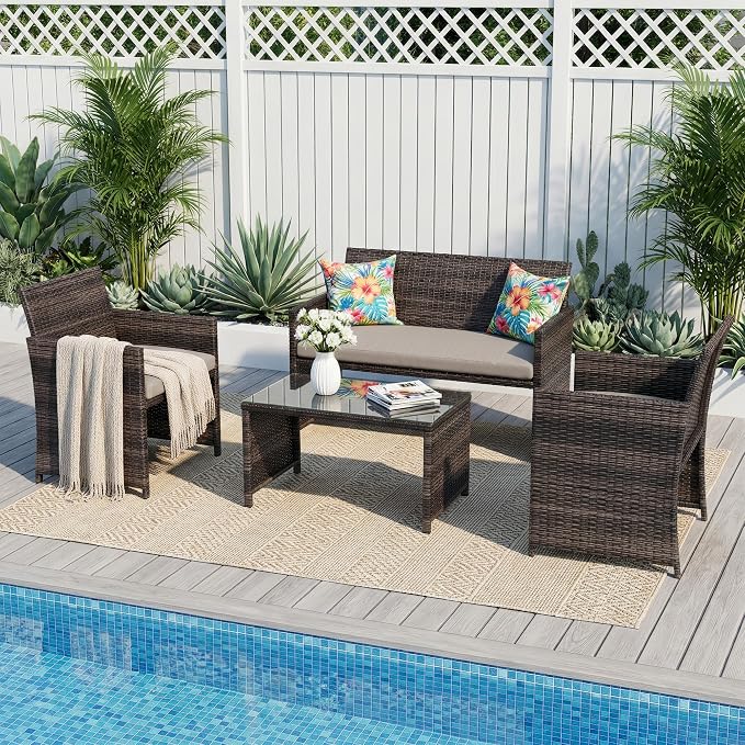 IDEALHOUSE 4 Piece Outdoor Wicker Patio Furniture Set, with Coffee Table & Seat Cushions for Backyard, Porch Seating