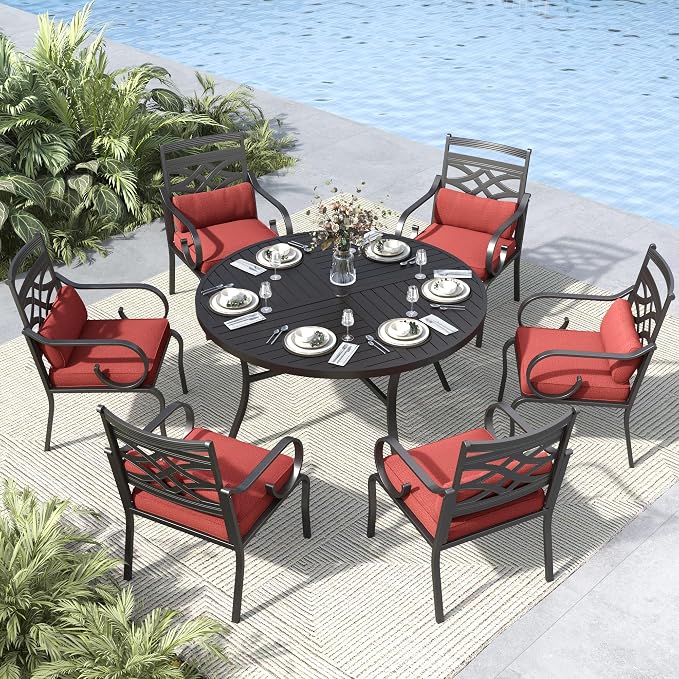 MFSTUDIO 7-Piece Patio Dining Set, 54" Round Metal Table, Swivel Chairs | Mixed Swivel and Fixed Chairs, Umbrella Hole, Red