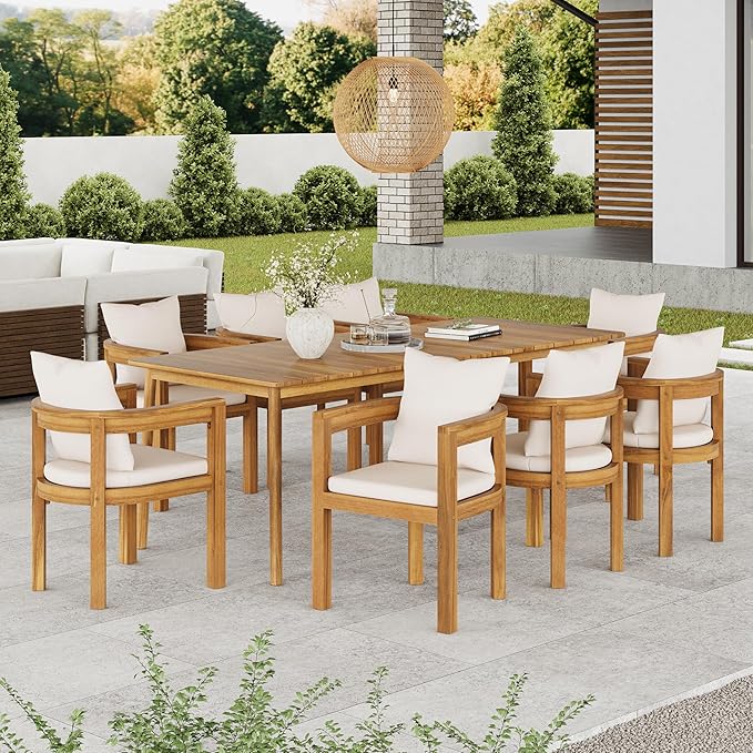 Christopher Knight Home Abaco Outdoor Acacia Wood Dining Table Set for 8, Outdoor Dining Set, Patio Table and Dining Chairs Set of 8 with Cushions, 9 Pieces Patio Set with Cushions, Beige and Teak
