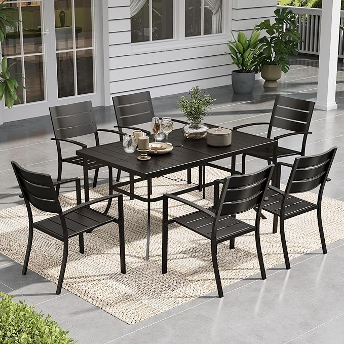 Sophia & William Patio Dining Set Metal Outdoor Table and Chairs Furniture Set 7 Piece, Large 59" Dining Table with Umbrella Hole and 6 Backyard Garden Chairs Support 300LBS for Deck, Lawn, Garden
