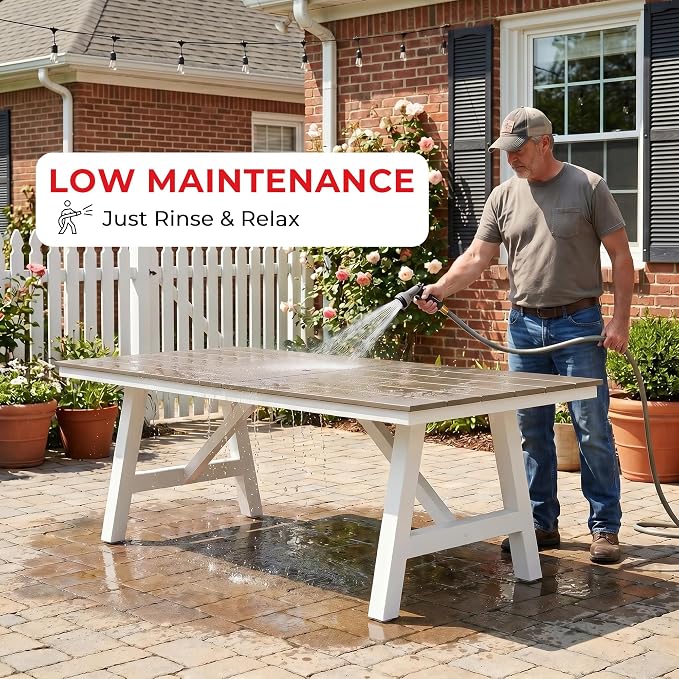 Costaelm Rectangle Patio Table, 8-Person Backyard Table 90" HDPE Dining Table with Umbrella Hole and Metal Frame for Outside, Garden, Poolside, Deck, Porch, Balcony, Weathered Wood