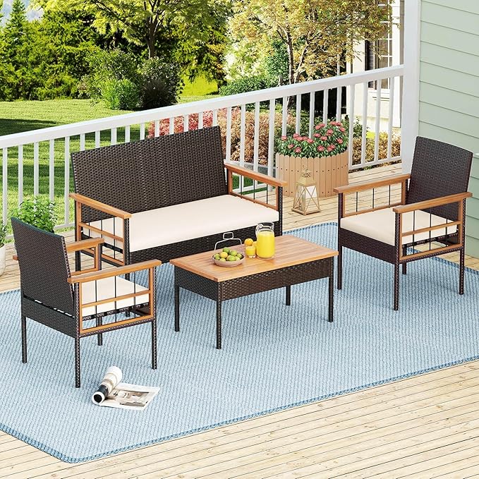 Tangkula 8 Pieces Wicker Patio Conversation Furniture Set, Outdoor Rattan Cushioned Armchairs & Coffee Table Set with Acacia Wood Tabletop for Backyard, Porch, Balcony