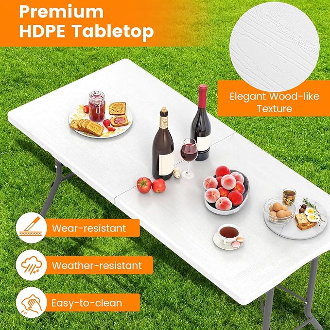 Tangkula 5FT Folding Table, Indoor Outdoor Foldable Plastic Table with HDPE Tabletop, Sturdy Metal Fame, Carrying Handle, 4-6 Person Picnic Table for Camping BBQ Party