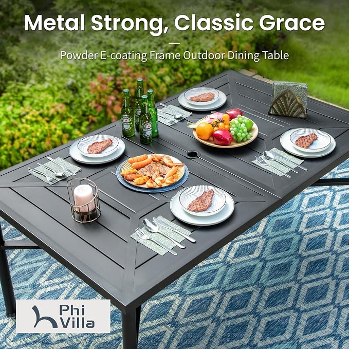 PHI VILLA 7 Pcs Outdoor Dining Set,Rectangular Metal Table& Stackable Chairs