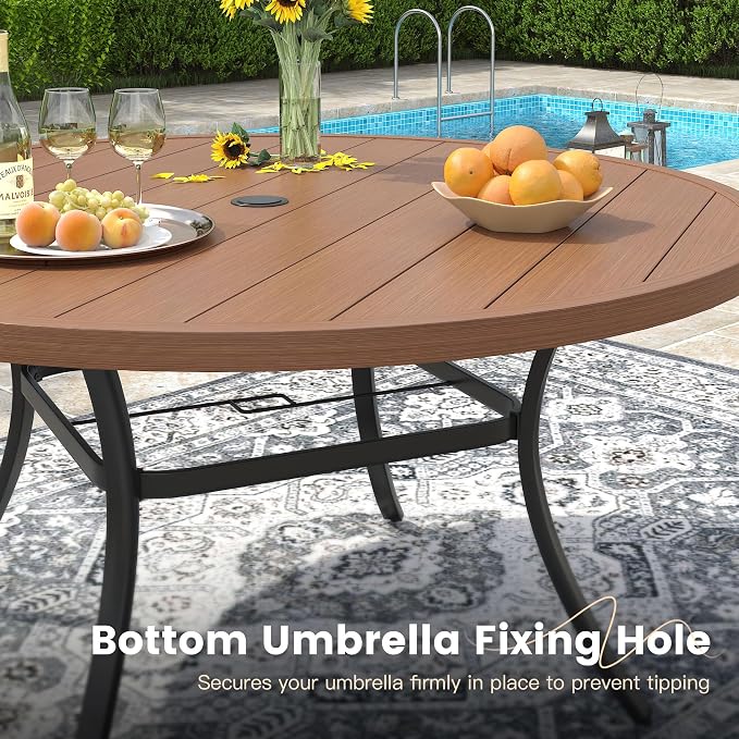 VICLLAX 63" Outdoor Patio Dining Table for 8-10, Metal Round Table with Umbrella Hole for Deck Lawn Garden Backyard, Walnut