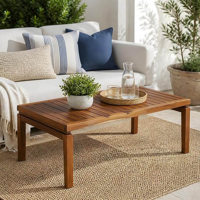 Merax Patio Outdoor Acacia Wood Round Coffee Table for Backyard, Lawn, Balcony, Easy Assemble, Slatted Top, Teak+ Beige