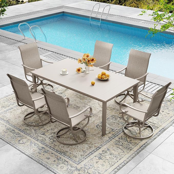 DIFY 7 Pieces Outdoor Patio Dining Set for 6, Swivel Dining Chairs with Sandshell Textilene and 63" Sandshell Rectangle Metal Dining Table, Outdoor Table and Chairs for Lawn Garden Backyard Deck