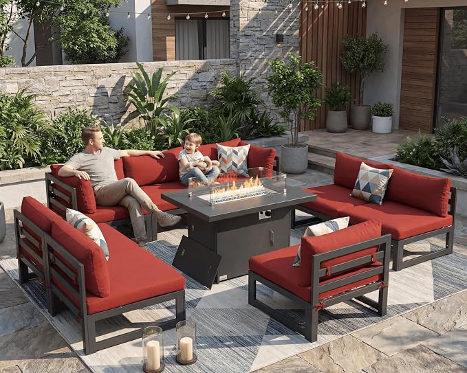 RADIATA 8 People Large Luxury Aluminum Patio Conversation Set with Fire Pit Table Propane/Gas, 29" Deep Wide U Shaped Sectional Couch, 500 lbs Heavy Duty UV Resistant Outdoor Sofa for Front Yard, Red