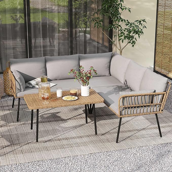 DWVO Patio Furniture Set, 4 Pieces Wicker Outdoor Conversation Set Sectional L-Shaped Sofa with 5 Seater for Backyard, Porch, Boho Detachable Lounger with Cushions and Side Table - Grey
