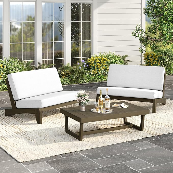 UIXE Wood Patio Furniture Sets, 3 Pieces All Weather Patio Loveseat Sofa Outdoor Sectional Futniture Backyard Conversation Set with Solid Wooden Coffee Table - Beige