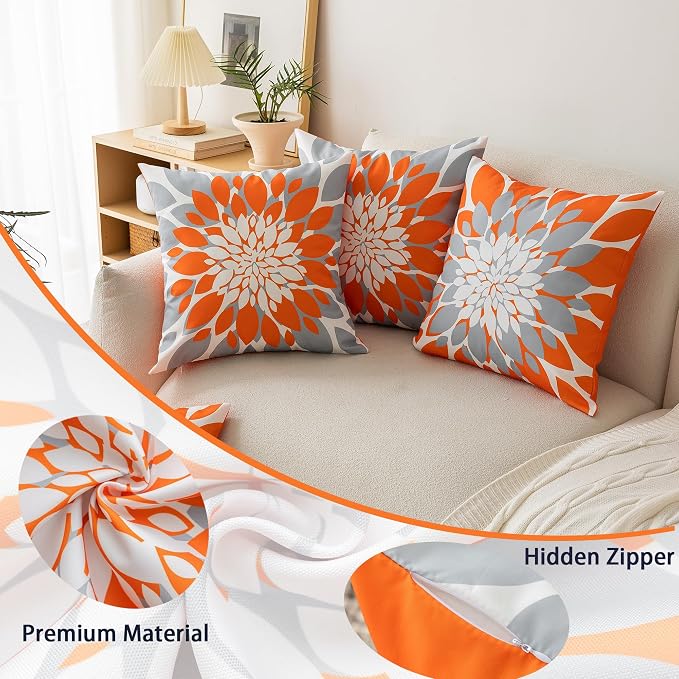 Pack of 4 Fall Outdoor Waterproof Pillow Covers 20x20 Decorative Outdoor Throw Pillows Garden Square Cushion Cases for Patio Furniture, Couch, Tent Sunbrella, Bench, Orange Grey