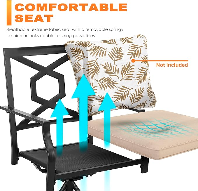 NUU GARDEN 5 Piece Outdoor Patio Dining Set, 4 Swivel Rocker Chairs with Padded Cushions, 37" x 37" Square Iron Dining Table with 1.57" Umbrella Hole, Black and Beige Cushion